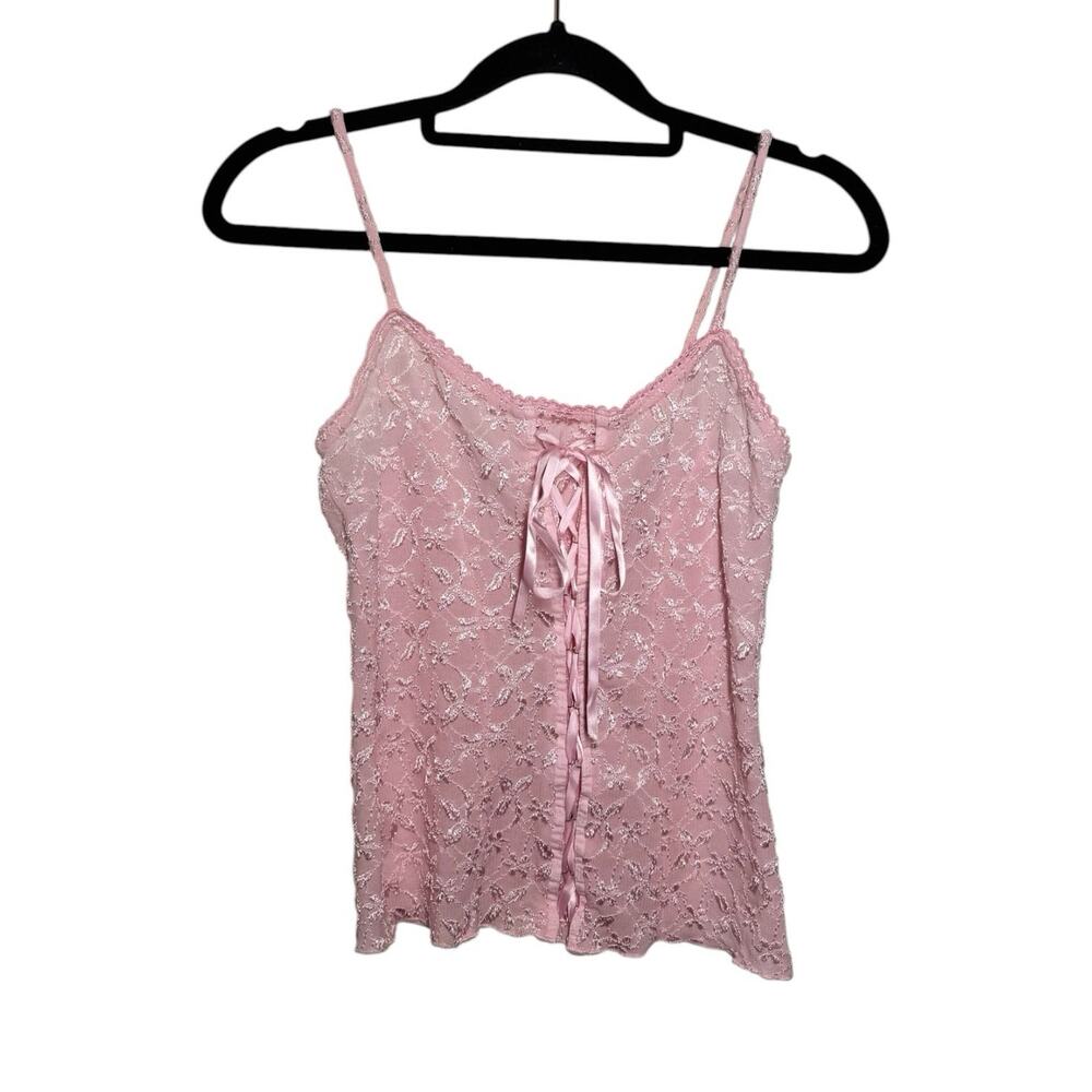 Vintage 90s Y2K Fairycore Coquette A Beyer Pink Ribbon Lace Up Cami Tank Medium